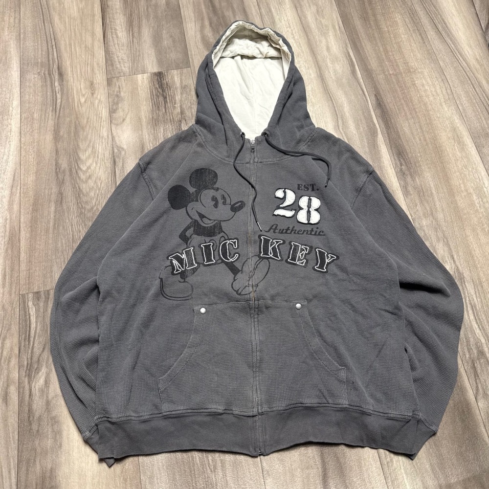 Disney Parks Mickey Mouse Waffle Knit Zip Hoodie Grey Large Est 28 Authentic